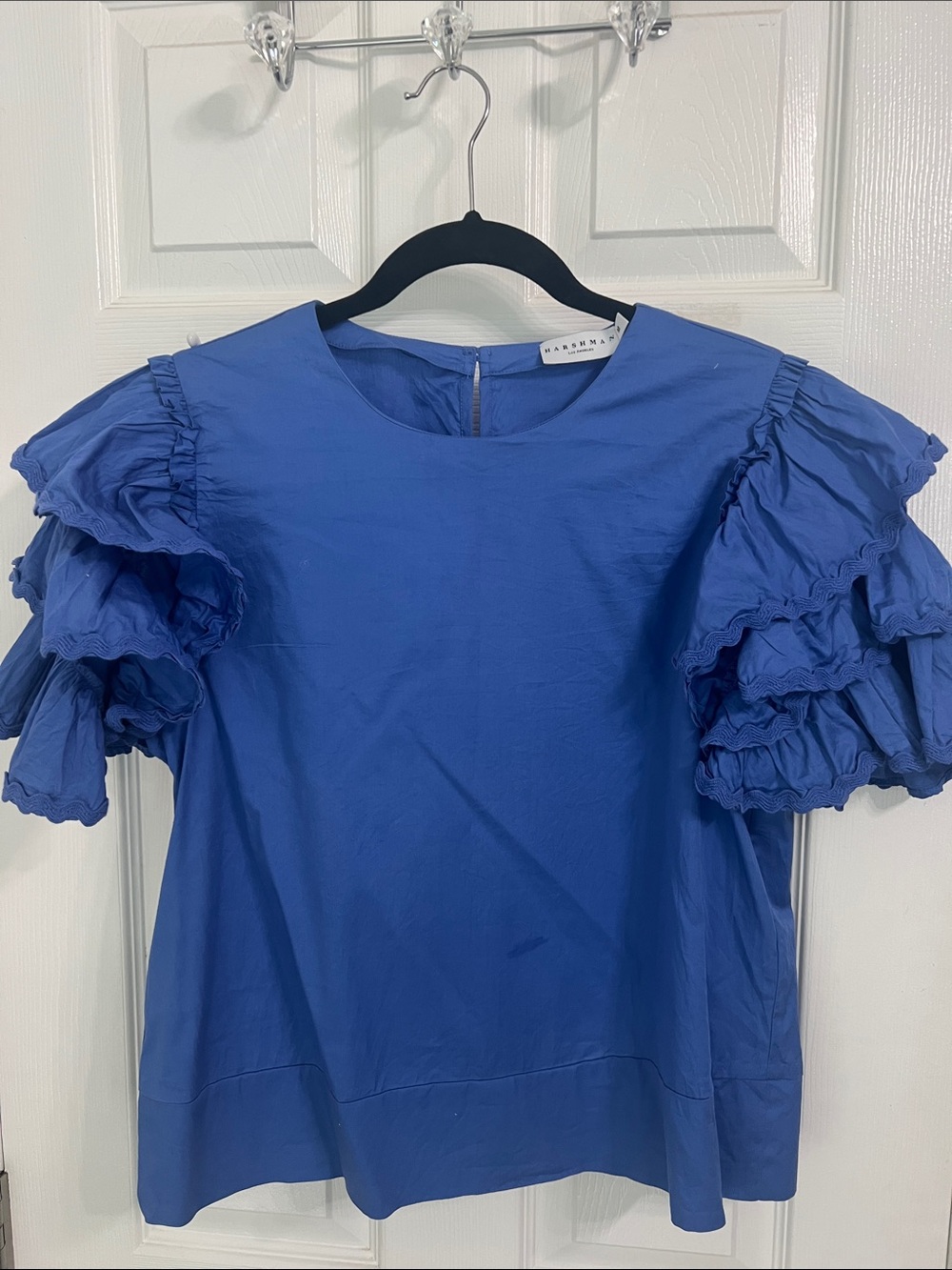 Harshman Cobalt Blue Ruffle Short Sleeve Blouse, Size M